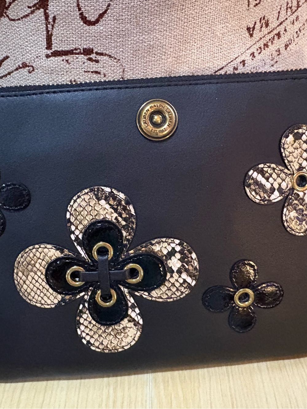 Black Floral Appliqué Leather Crossbody Bag